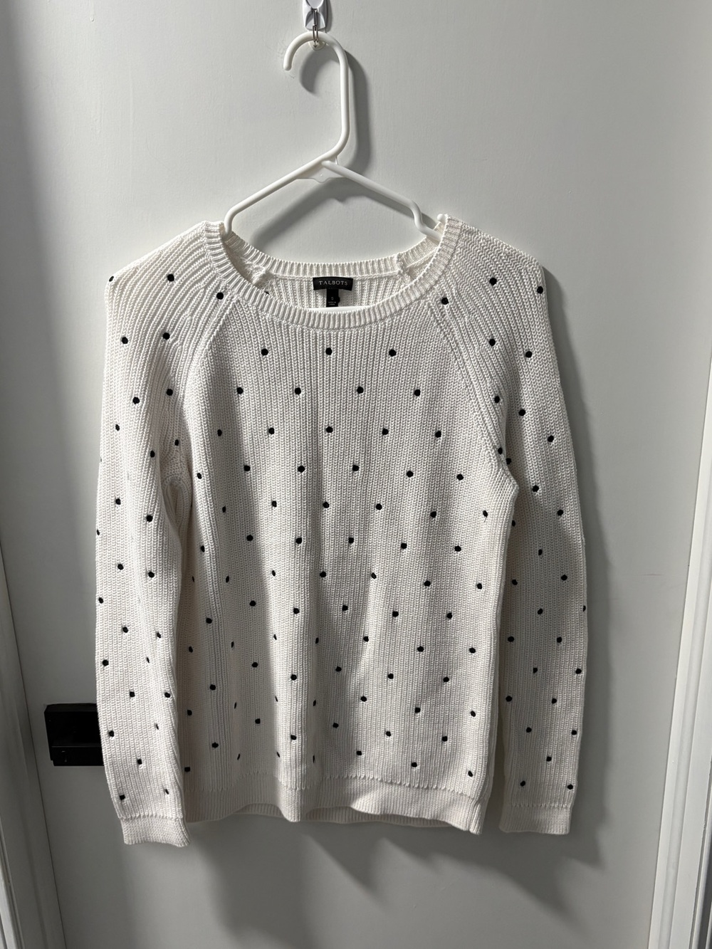 Talbots White Crewneck Sweater with Black Polka Dots
